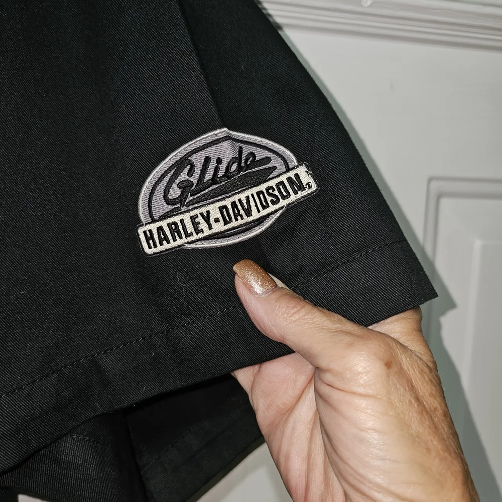 Harley-Davidson Black Short Sleeve Button-Up Shirt with Orange Logo Patches - Picture 2 of 8